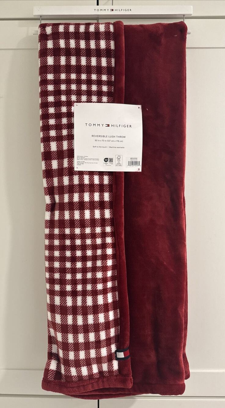 Tommy Hilfiger Reversible Red Check 50”x70” Lush Throw Blanket Holiday Nautical
